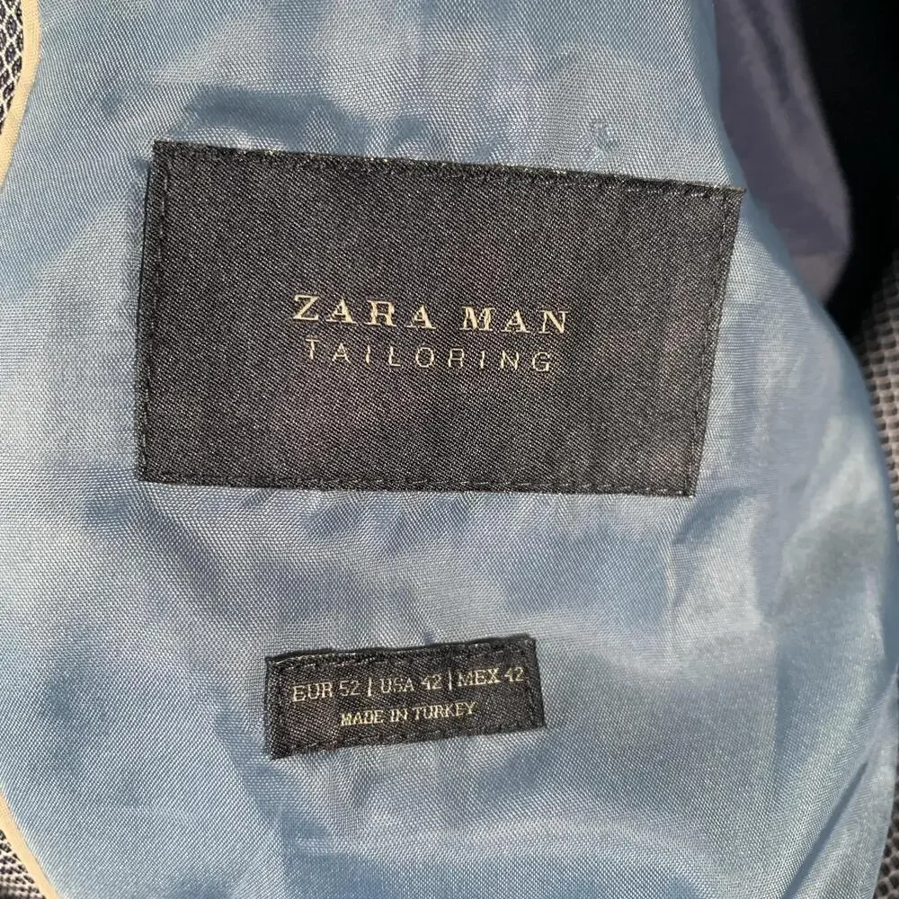 Zara Man Suit Jacket Mens 42 Blue Geometric Slim Fit 2 Button Blazer Notch Lapel